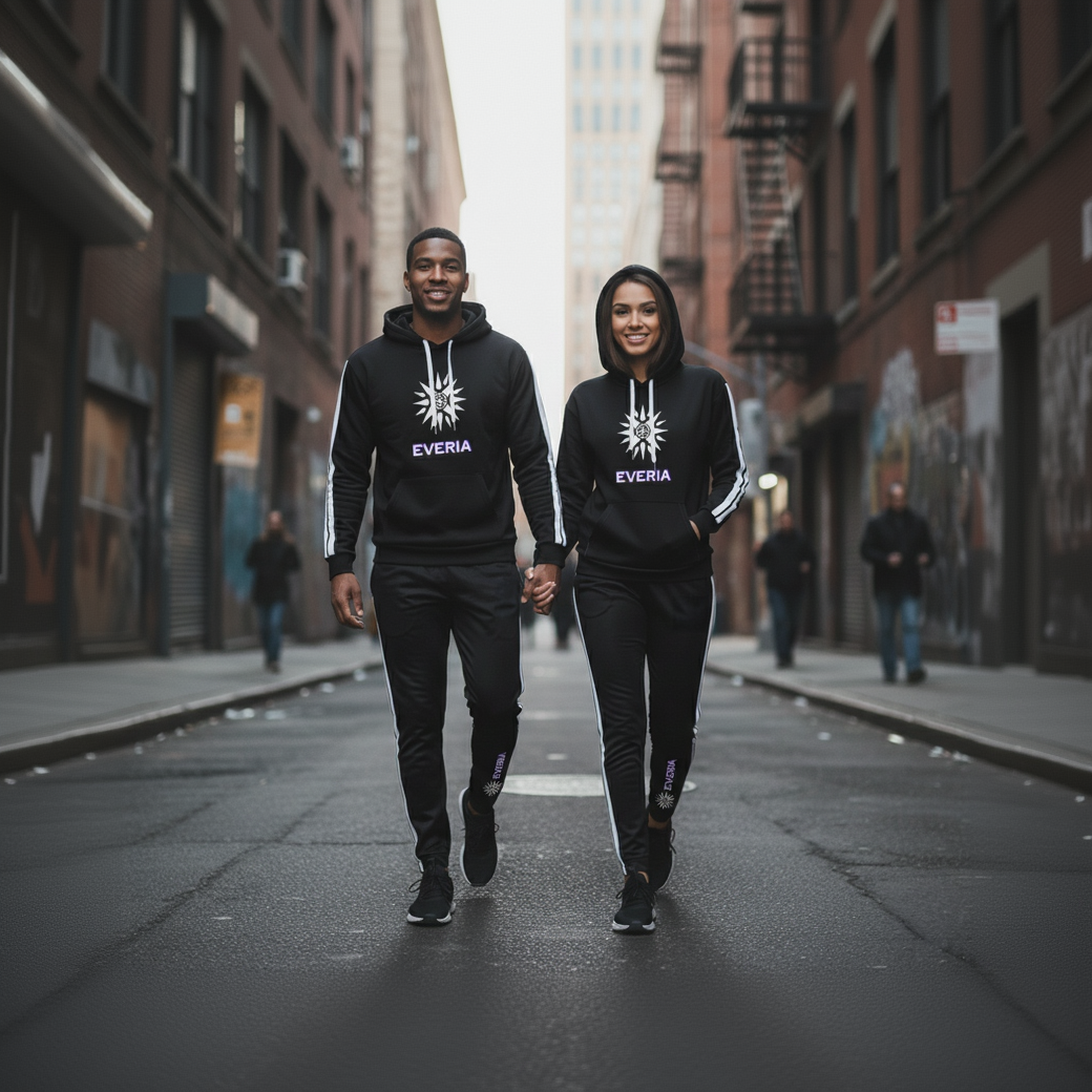 Two people wearing black hoodies with 'EVERIA' logo walking down a city street.